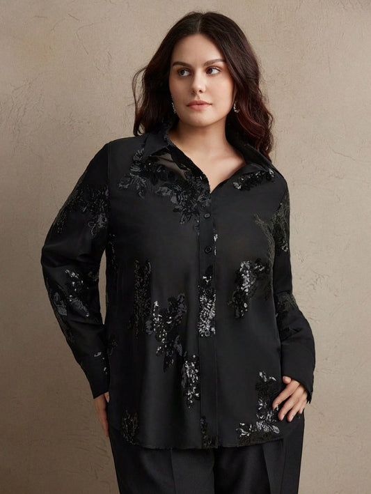 CAMISA BORDADA CON LENTEJUELAS Camisa Plus Size 03 CELINAH MOTF XL 