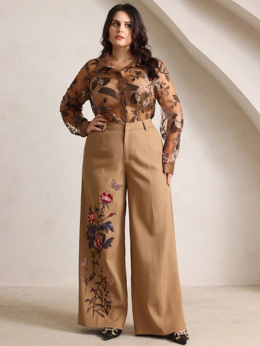 PANTALÓN DE PIERNA ANCHA BORDADO Pantalón Plus Size 09 CELINAH MOTF 