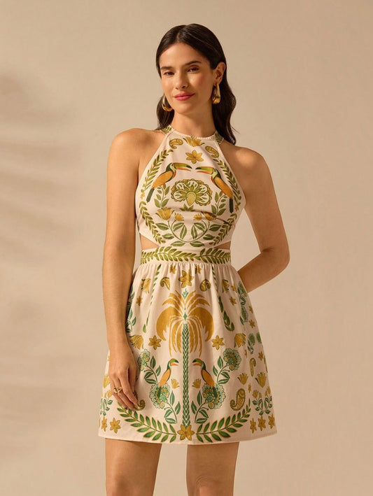 VESTIDO CON CUELLO HALTER Y ESTAMPADO TROPICAL Vestido 75 CELINAH MOTF XS 