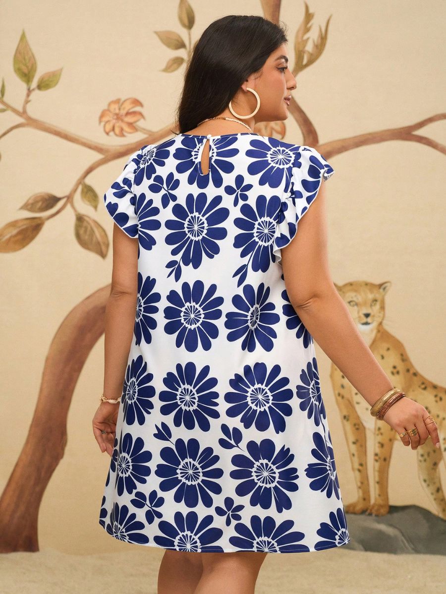 VESTIDO CON ESTAMPADO FLORAL AZUL Y ENCAJE Vestido Plus Size 17 CELINAH MOTF 