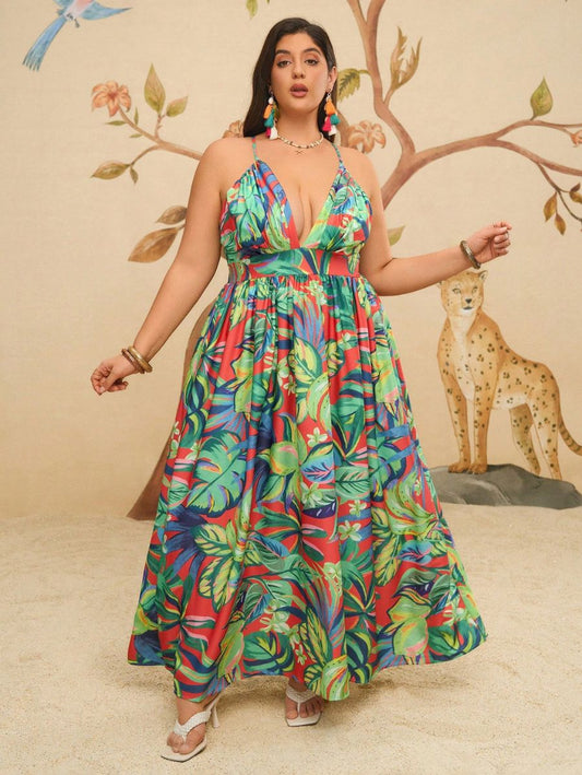 VESTIDO CON ESTAMPADO TROPICAL SIN ESPALDA Vestido Plus Size 24 CELINAH MOTF XL 