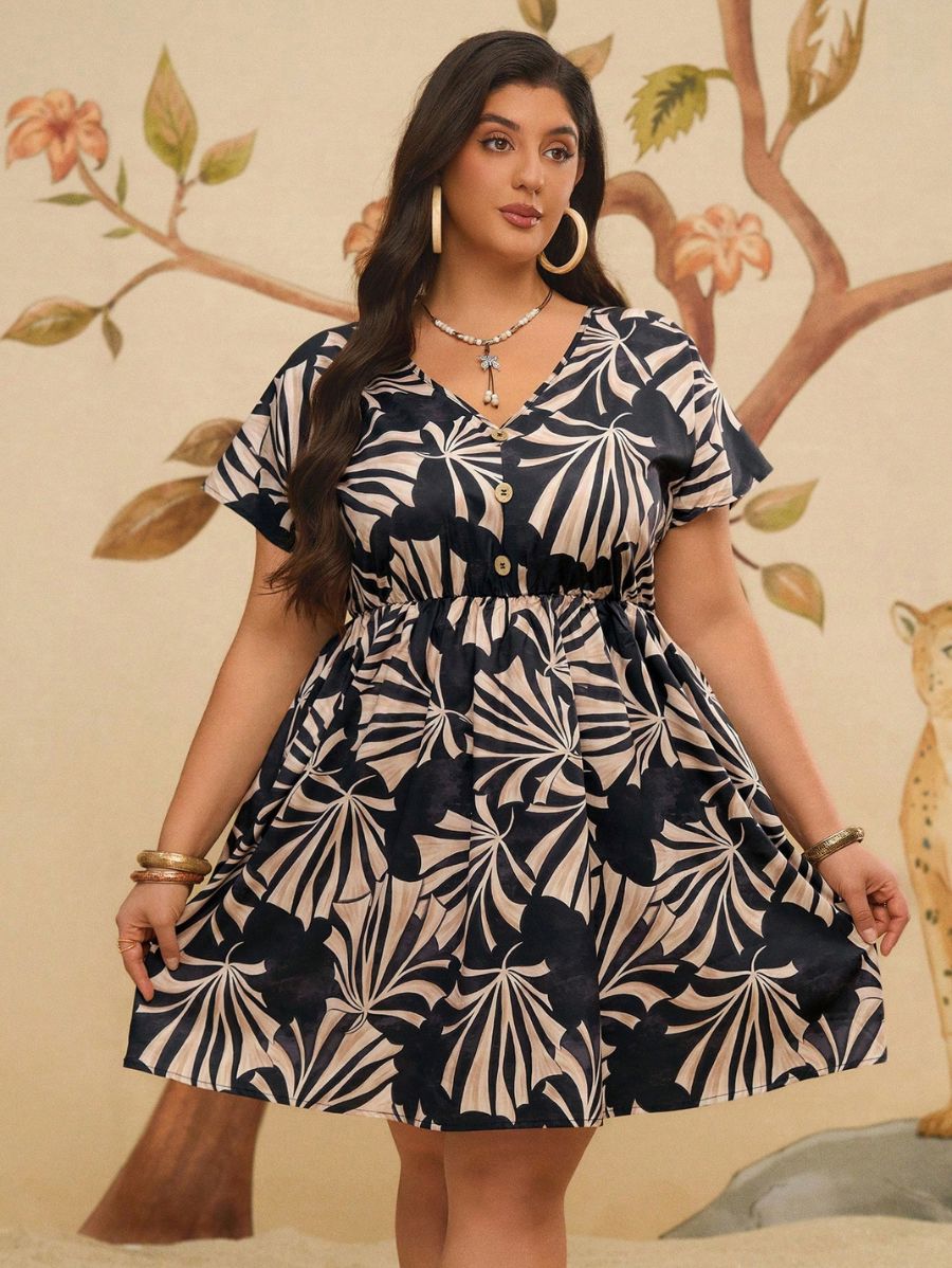 VESTIDO DE MANGA CORTA CON ESTAMPADO FLORAL Vestido Plus Size 10 CELINAH MOTF XL 