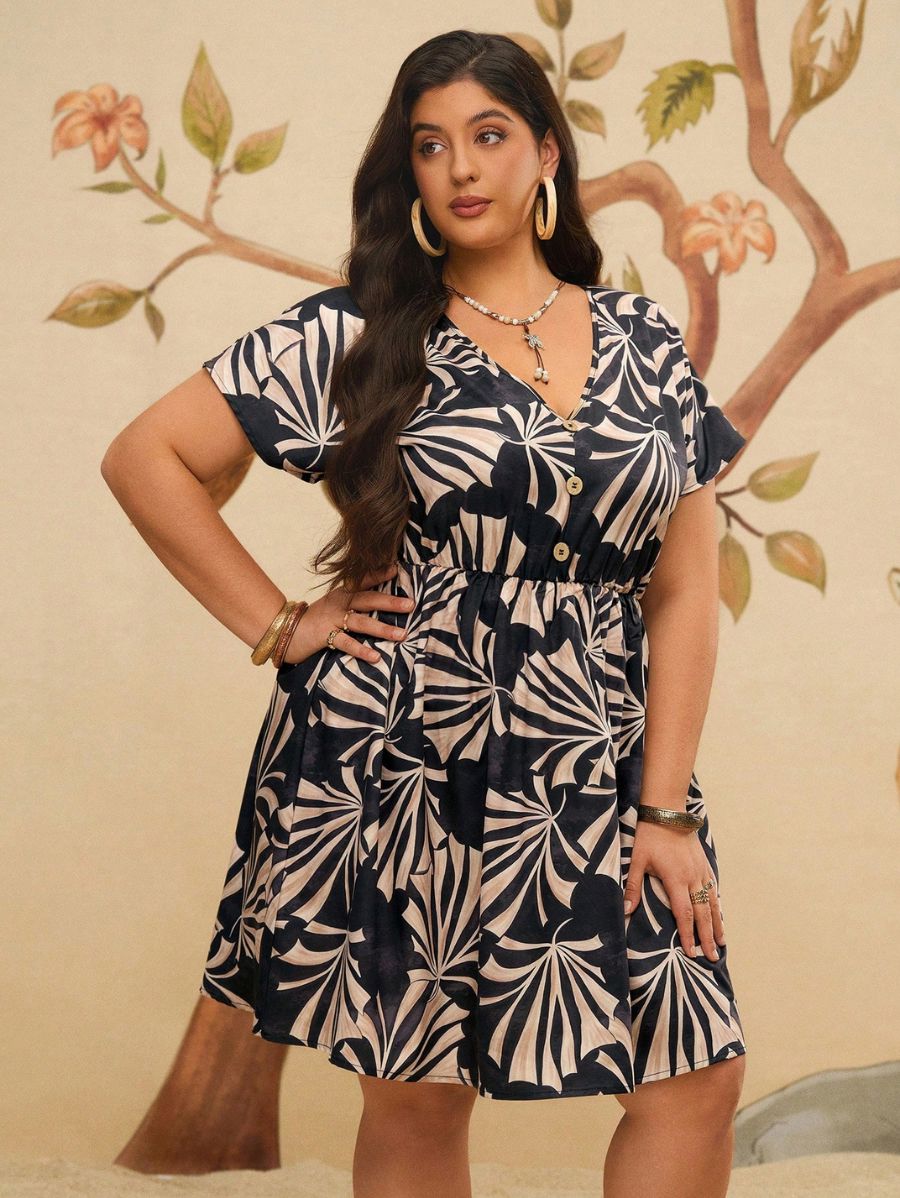 VESTIDO DE MANGA CORTA CON ESTAMPADO FLORAL Vestido Plus Size 10 CELINAH MOTF 