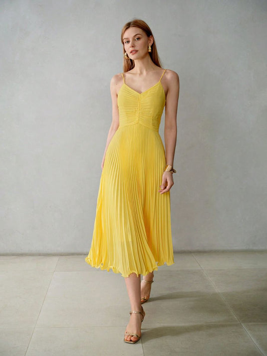 VESTIDO PREMIUM PLISADO AMARILLO Vestido 56 CELINAH MOTF XS 